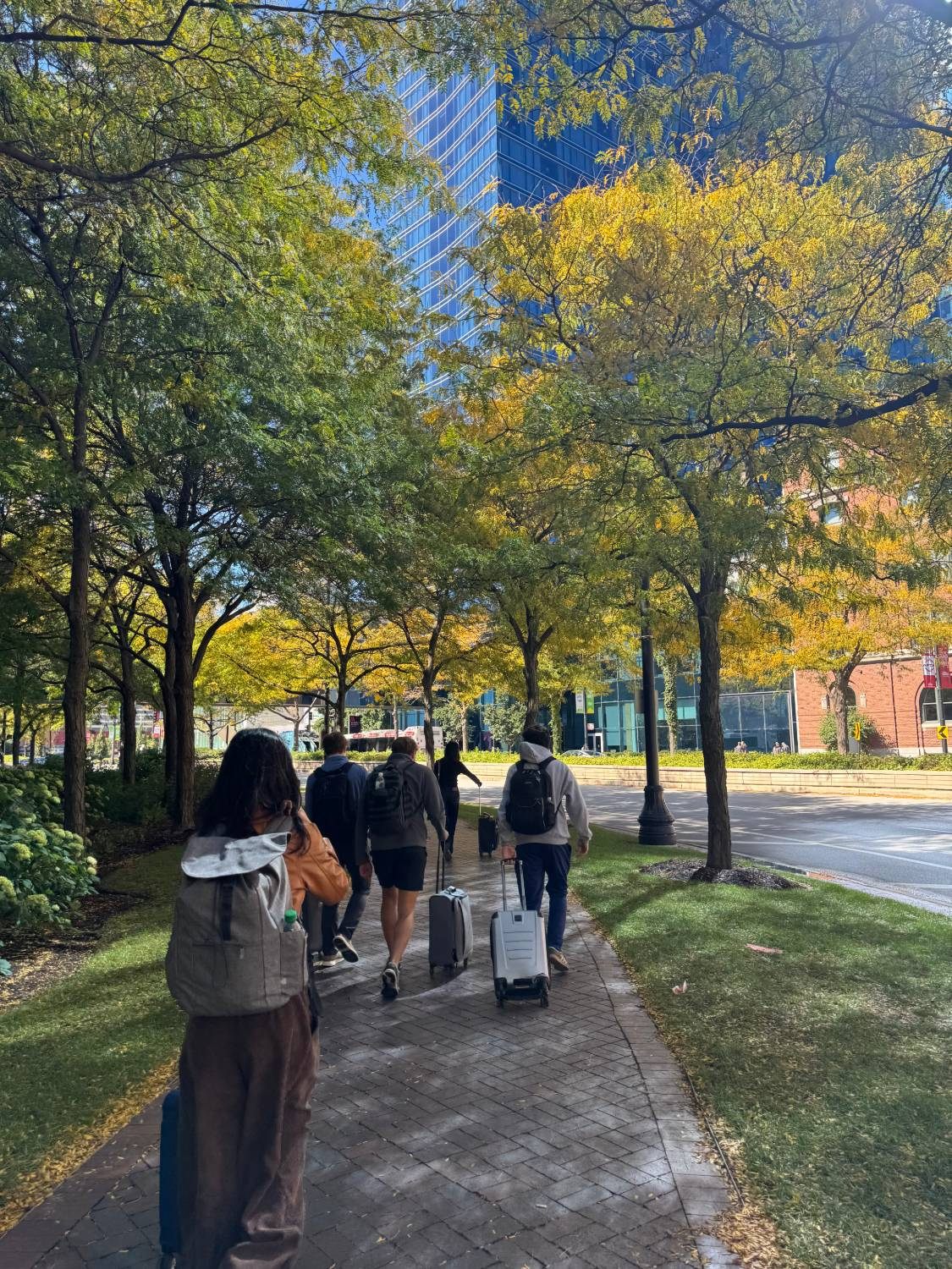 Walking with classmates through Chicago in the fall